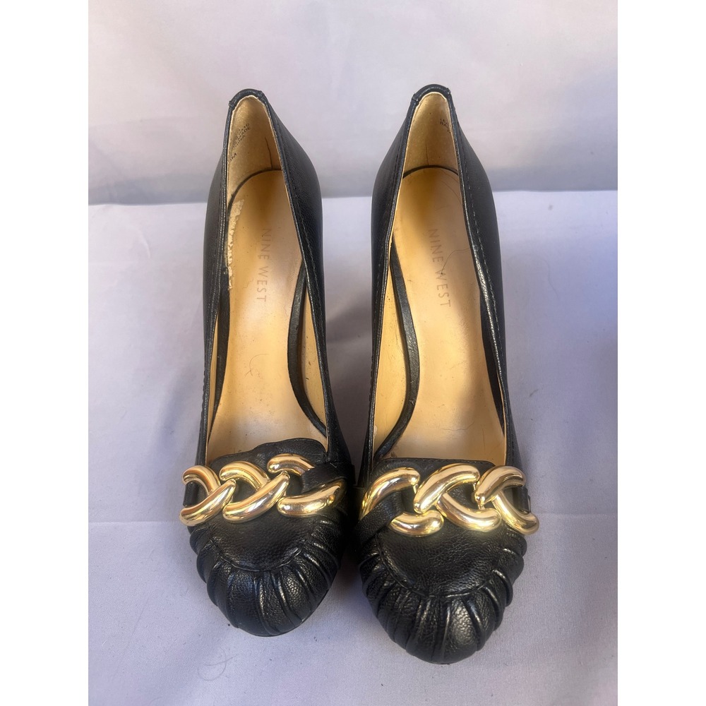 Nine West Black Leather‎ Pumps Gold Chain Detail Heel Shoes Size 6M